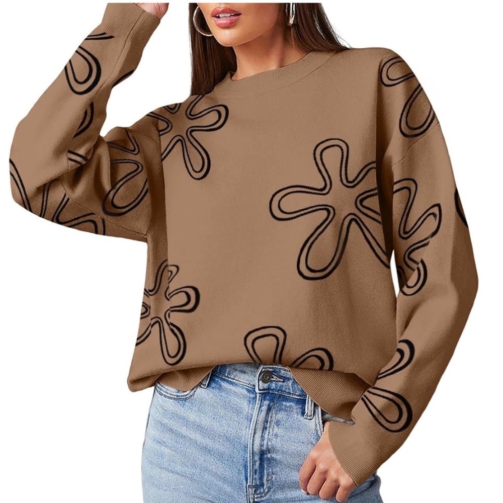 Dokotoo Floral Knit Sweater XL New Dark Khaki Crewneck Long Sleeve Pullover